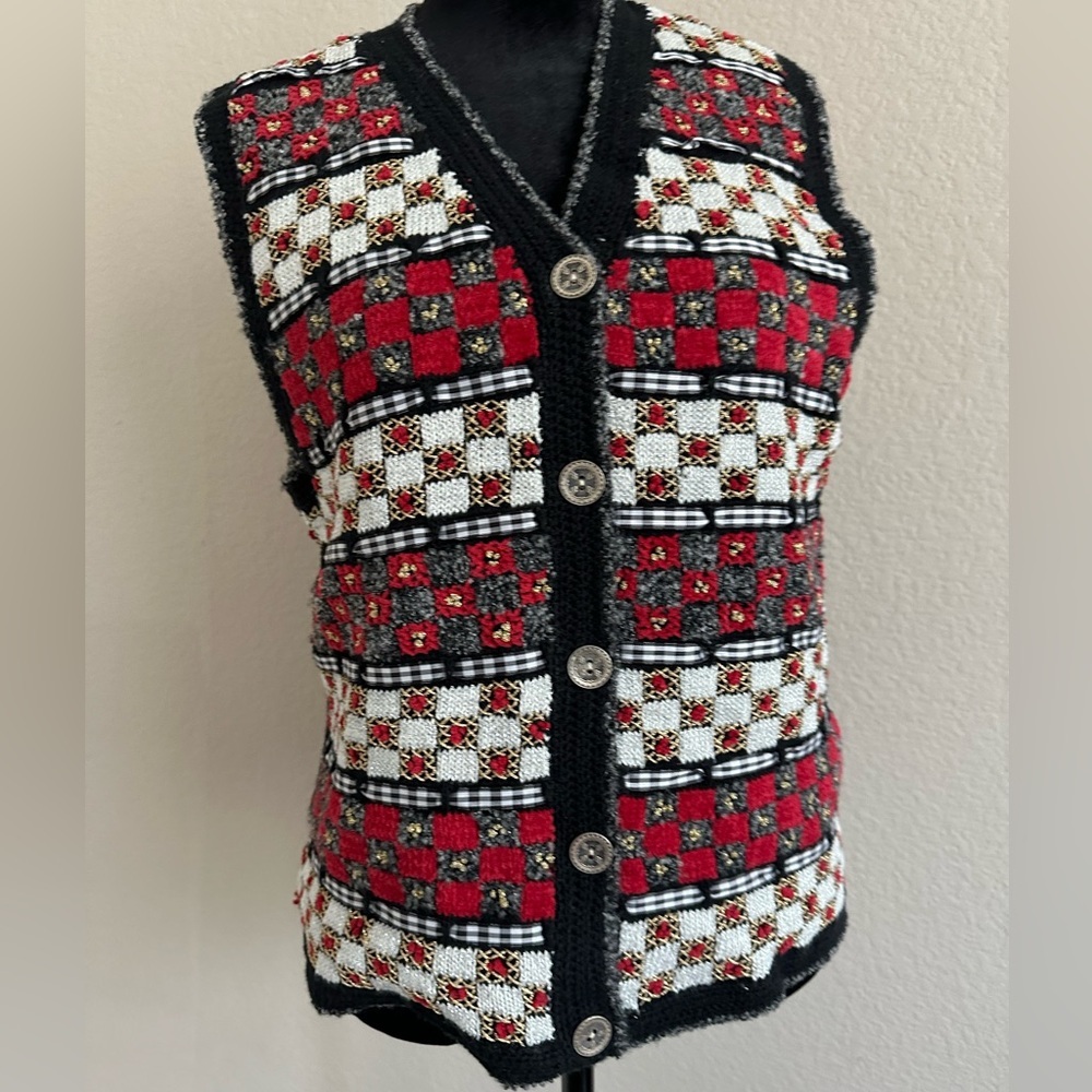 Marisa Canvas Multicolor Patterned Knit Vest Button Front S/M, Fair, Festival